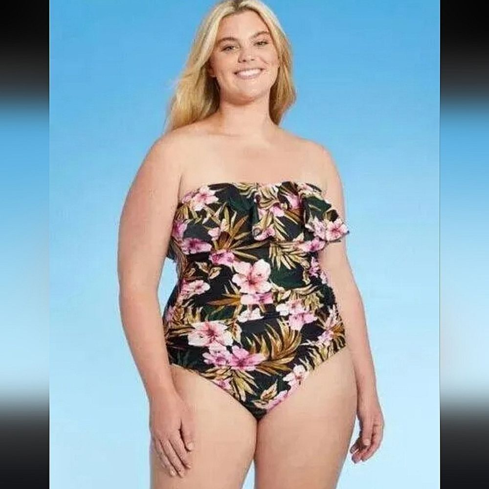 Kona Sol Black Floral Strapless One-Piece Swimsuit